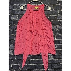 Vera Wang Princess Top Womens Large Pink Black Polka Dots Button Up Sheer Blouse